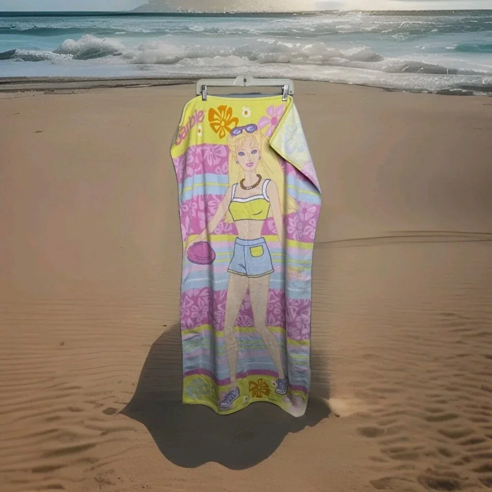 Vintage Mattel Barbie Beach Towel Blond Pink White Flowers Summer 2000 Movie